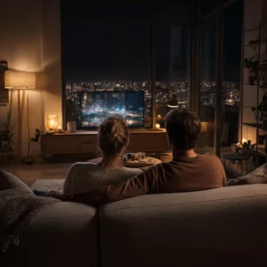 Couple watching TV at night in modern apartment using 4K UK IPTV service