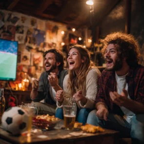 Friends watching live Premier League football match on TV using UK IPTV streaming service