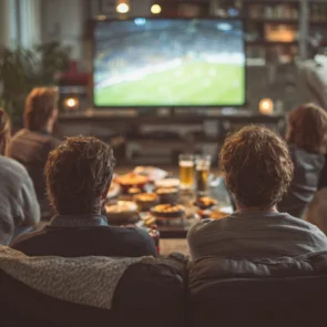 Group of football fans watching live match on TV using UK IPTV Prime streaming service